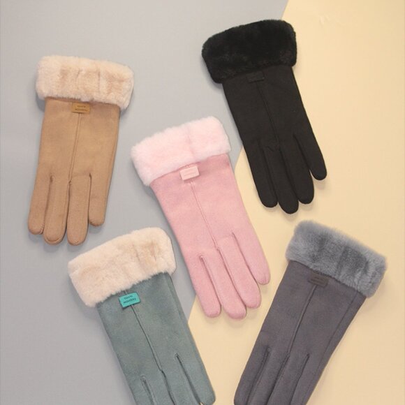 2/$30 Brown Touch Screen Faux Suede Fashion Gloves with Faux Fur Trim Winter - Picture 5 of 7
